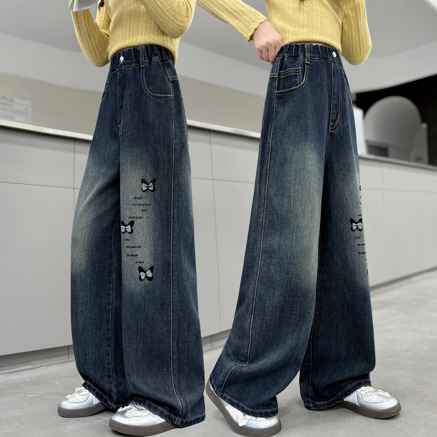 

Children Vintage Blue Denim Jeans with Bows For Tween Girl Y2K Street Fashion Pants Kids Autumn Relaxed Fit Jeans Trousers 4-14Y