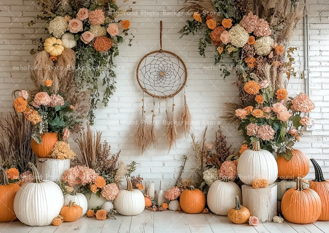 Mehofond Autumn Bohemian Harvest Pumpkin Dream Catcher Net Dried Flowers Thanksgiving Kids Photography Background Decoration