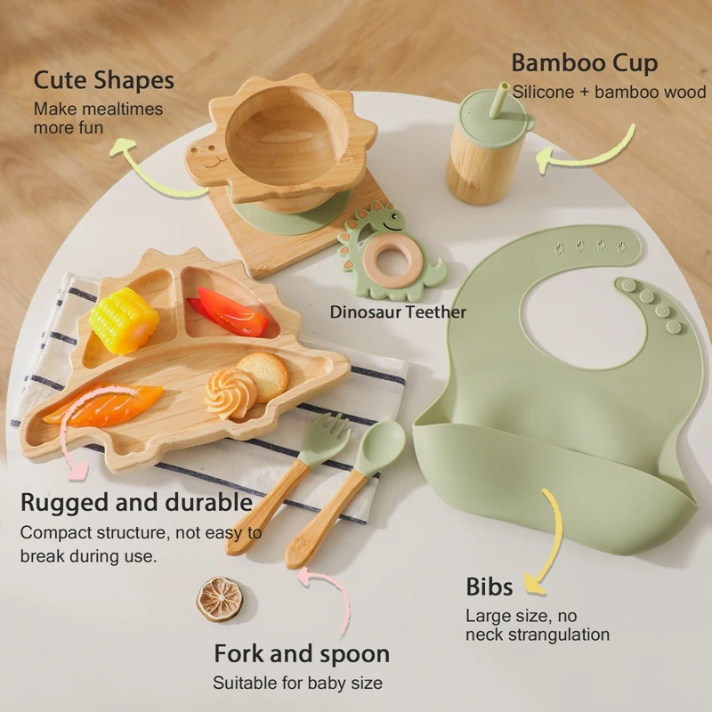 7Pcs Children Tableware Set Natural Wooden Cartoon Dinosaur Baby Dinner Plate Bowl Spoon Fork Cup Set Baby Feeding Accessories