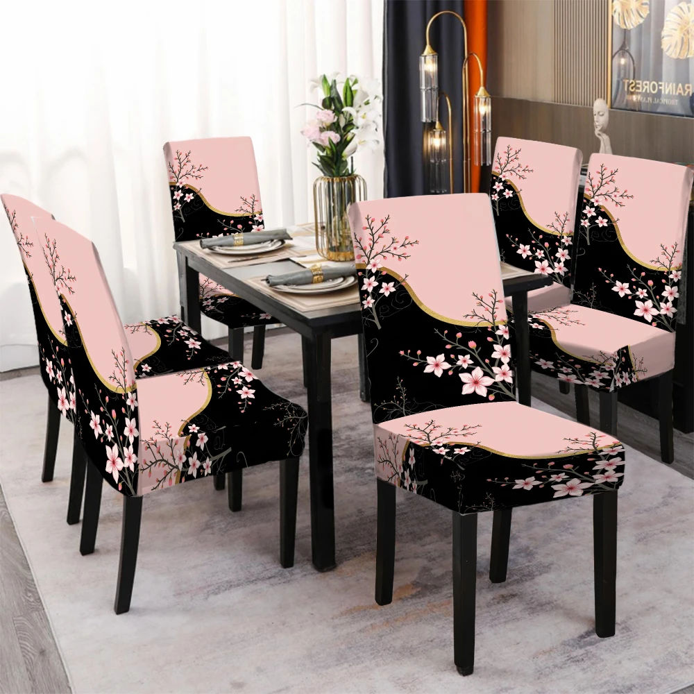 4/6pcs Elastic Chair Cover Set Floral Print Stretch Dining Room Seat Protector with Pockets for Home Decor Pink Sakura Pattern