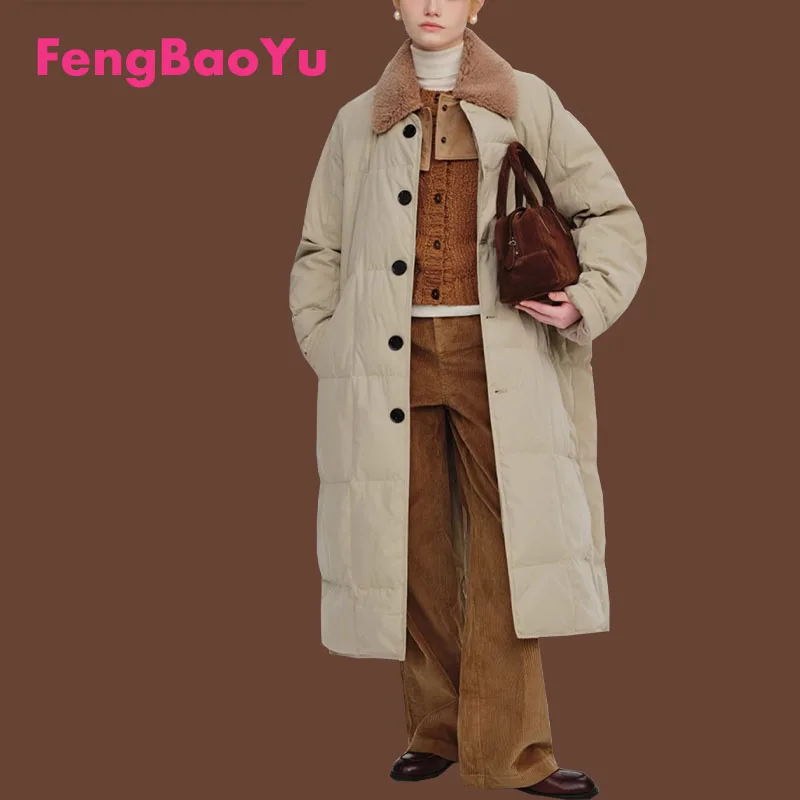 

Fengbaoyu Autumn Winter Ladies New Lapel Long Down Jacket Light White Duck Down Coat Warm Fluffy Temperament Fashion Women Wear