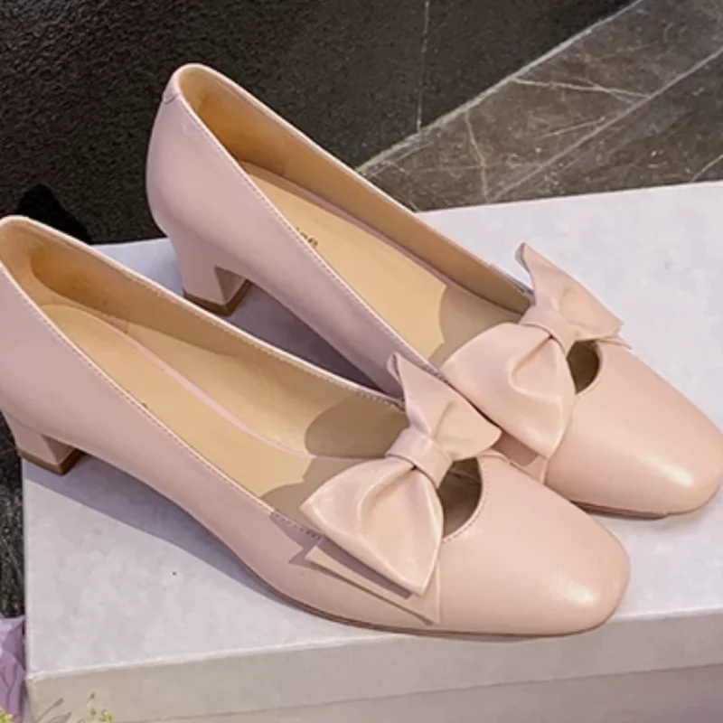 Butterfly-knot Shoes for Ladies Square Toes Low Heels Sewing Lines Female Ballets Shallow Zapatos De Mujer Solid Chassure Femme