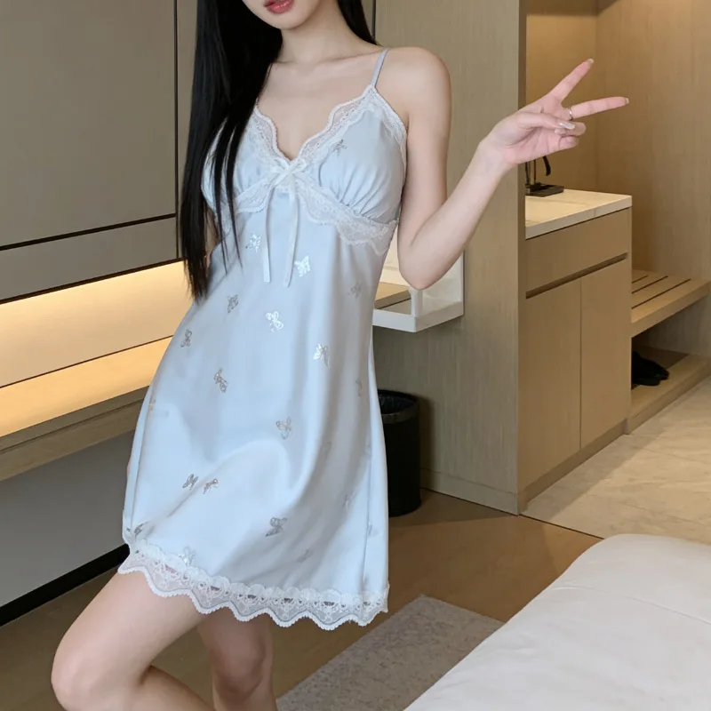 Pure Seductive Water Blue Sexy Butterfly Strappy Nightgown Bra Pads Ice Silk Summer Sleepwear  Butterfly Print Fresh Home Wear