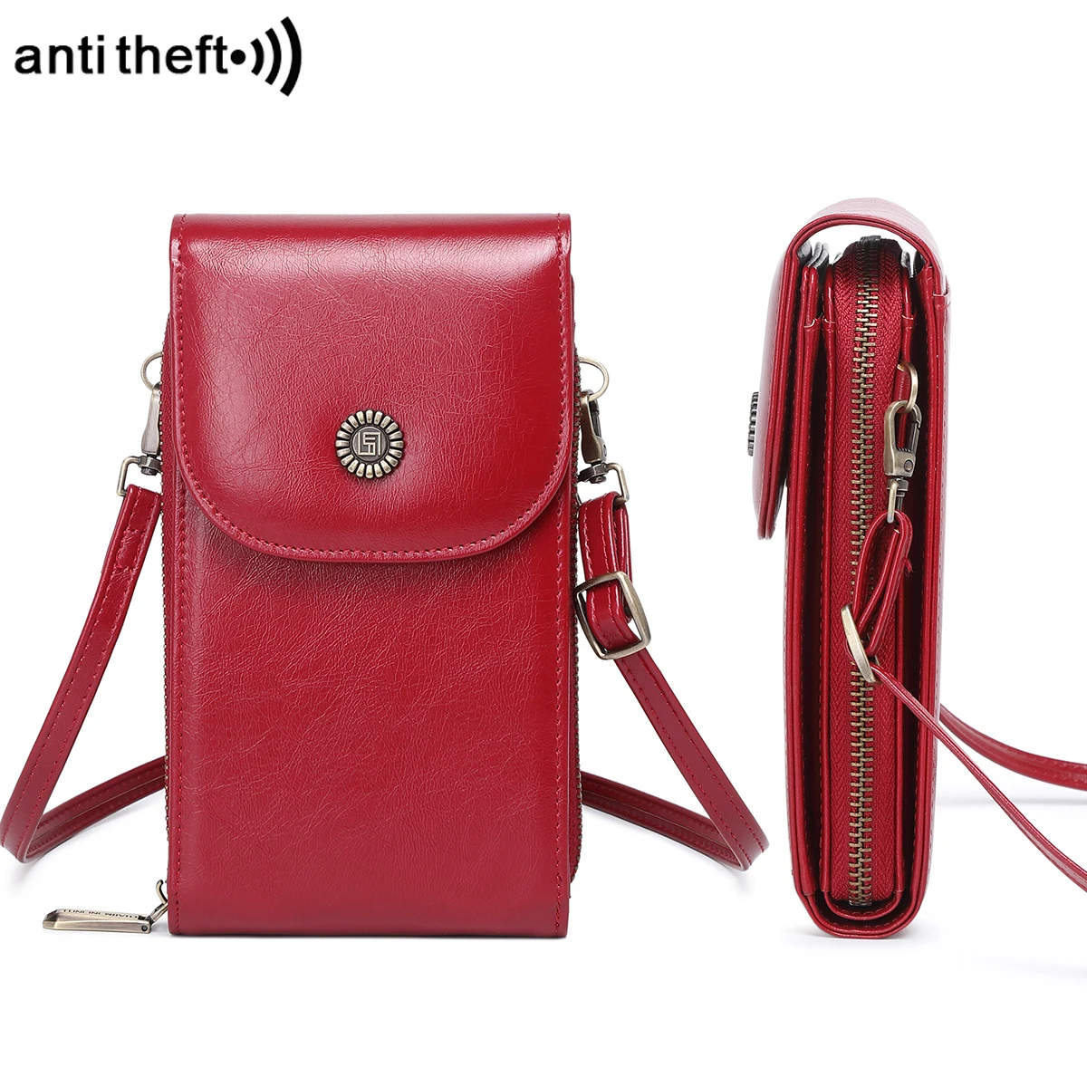 Retro oil wax leather mobile phone bag RFID anti-theft brush vertical shoulder bag Fashion crossbody mobile phone wallet