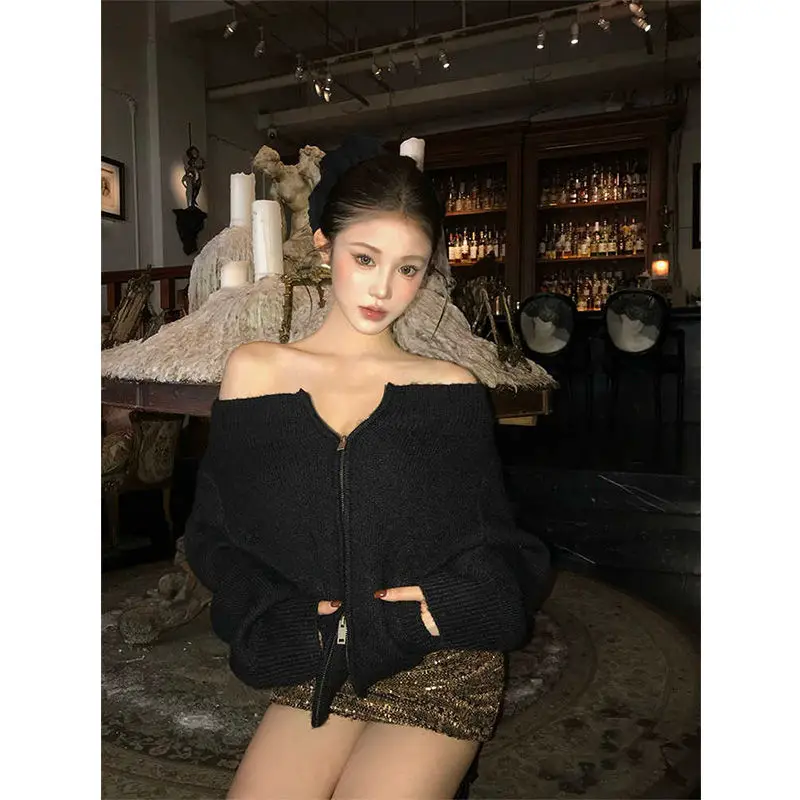 Deeptown vintage sexy fora do ombro camisola feminina estilo coreano marrom zíper cardigan slash neck causal sólido manga longa jumpers