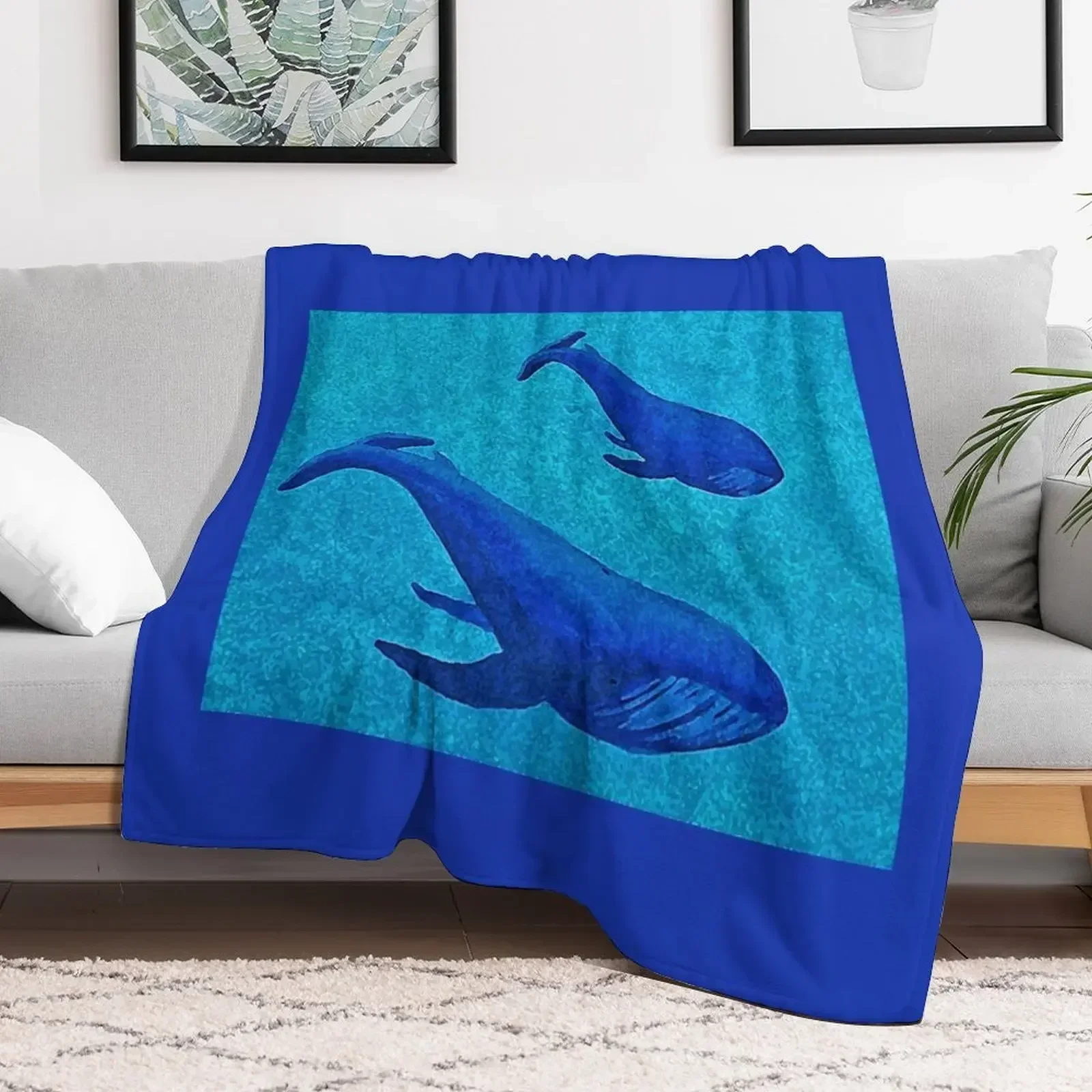 Water Blot Blue Whale Mother and Baby Throw Blanket Hairys Picnic Furrys Blankets