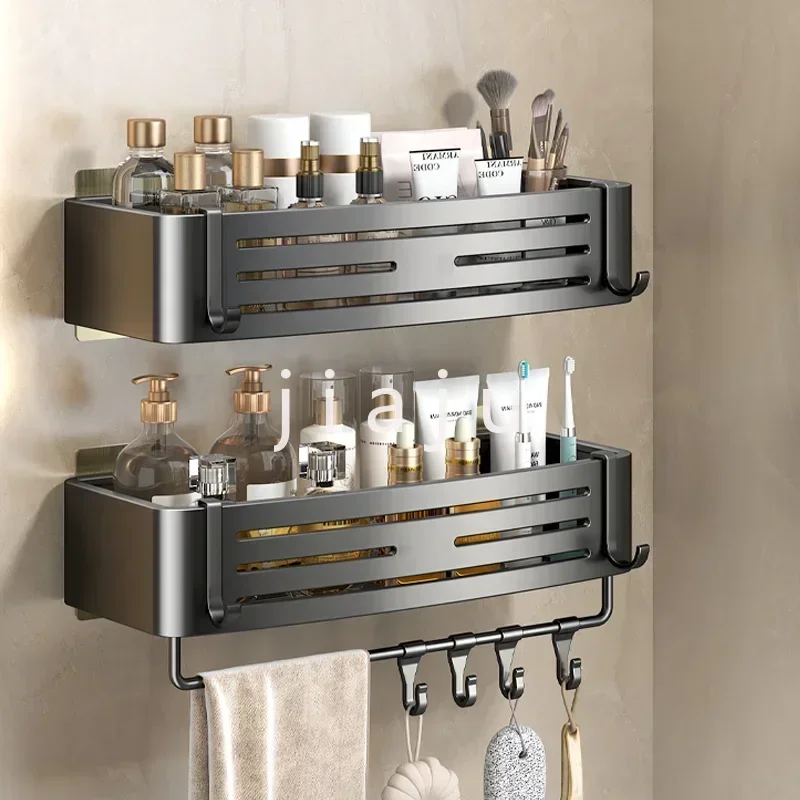 Aluminum Bathroom Shelves Wall Towel Rack Mounted Shower Caddy  No Drilling Shower Organizer Bathroom Storage Accessories