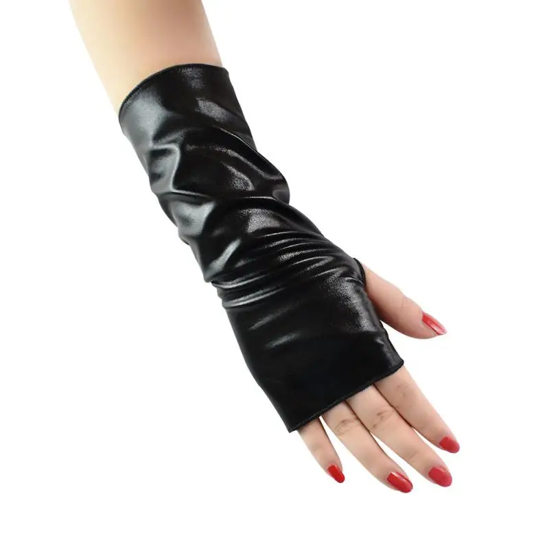 Cool Short Fingerless Bright Black Patent Leather Gloves Halloween Dress Up Fashion Punk Style Hip-Hop Dance Gloves C005