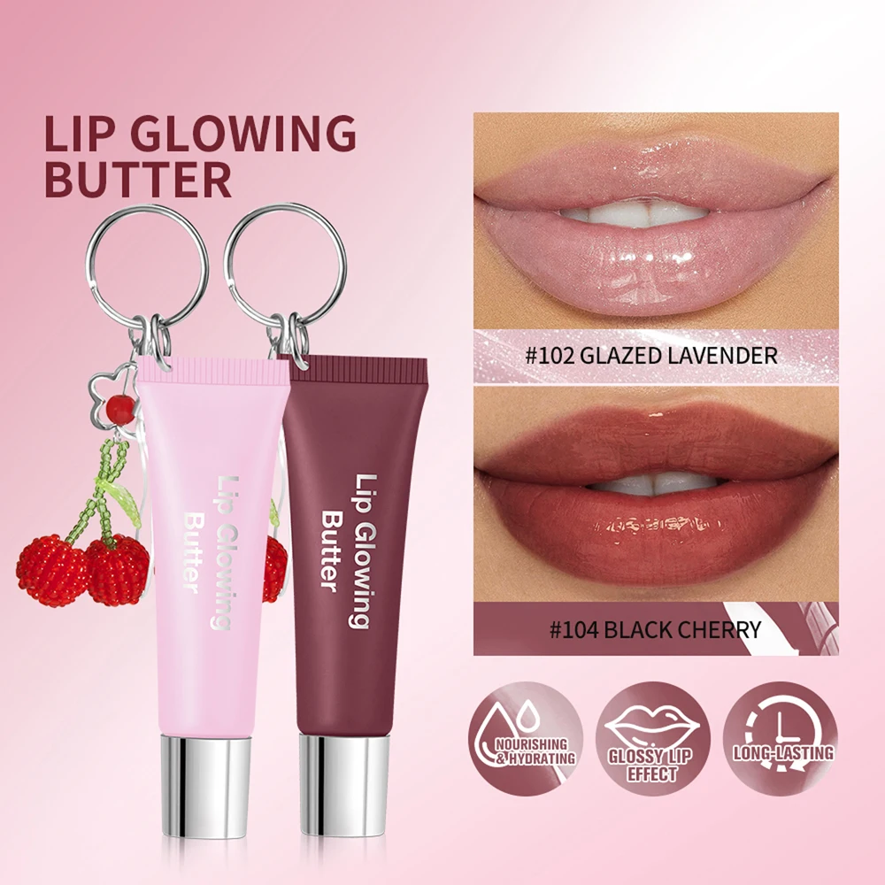 Lakerain brilho labial manteiga bálsamo labial hidratante brilho labial com pingente corrente de prata cereja fácil de transportar brilho labial