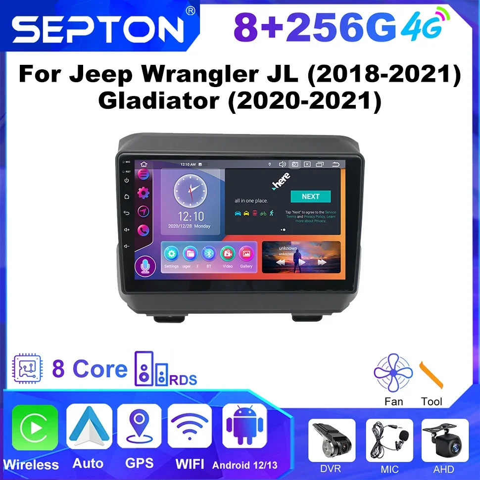 

SEPTON Car Radio Multimedia Player for Jeep Wrangler JL (2018-2021) Gladiator (2020-2021) Carplay 8Core 4G Automotive Multimedia