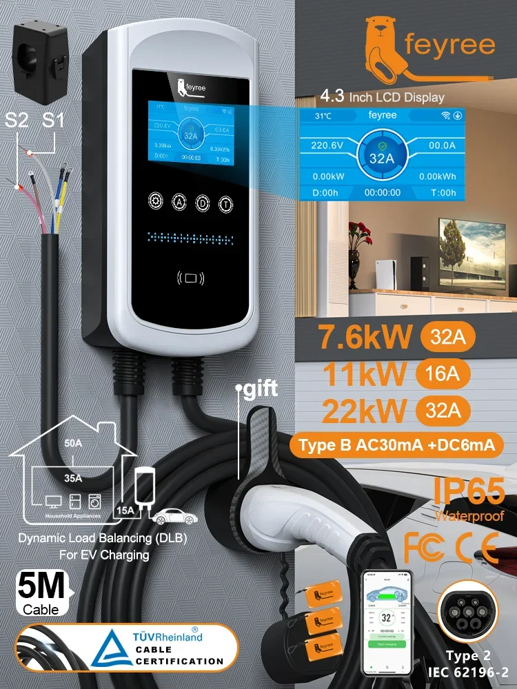 Feyree Typ2 Dynamische Lastverteilung 11kW 22kW 3P/32A 7kW 1P DLB EV-Ladegerät 4,3-Zoll-Bildschirm EVSE Wallbox-Station mit Ladeverlaufsaufzeichnung