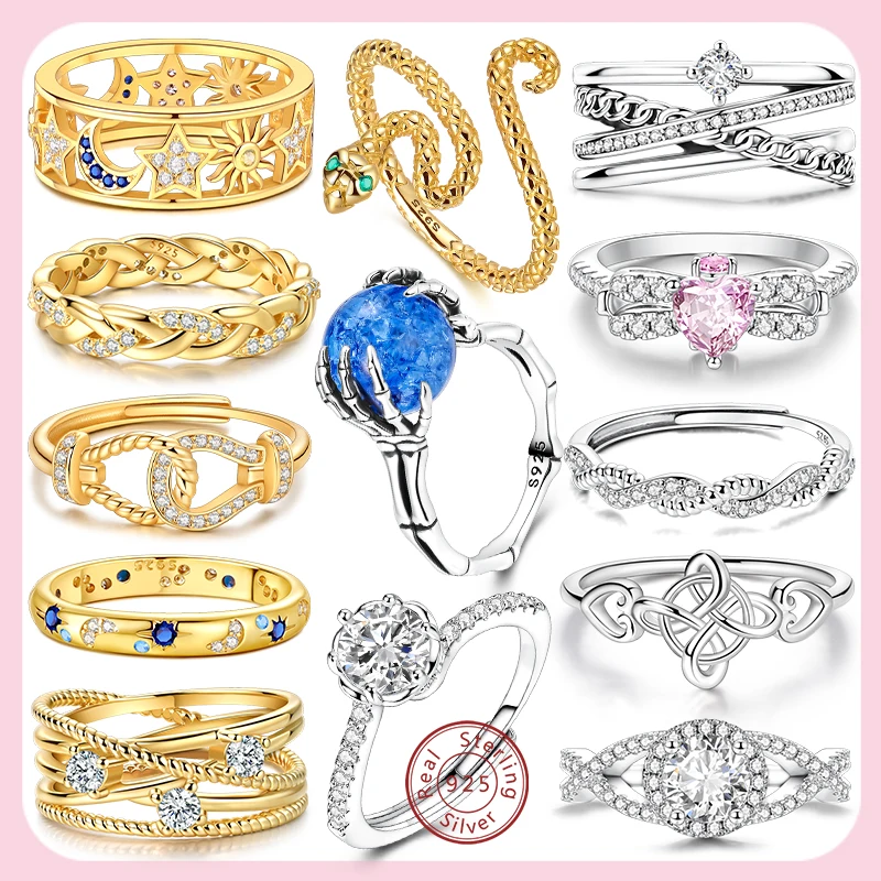 Rings for Women Original 925 Sterling Silver Ring Gold Heart Bow Skull Hand Holding Bead Zircon Ring Engagement Wedding Jewelry