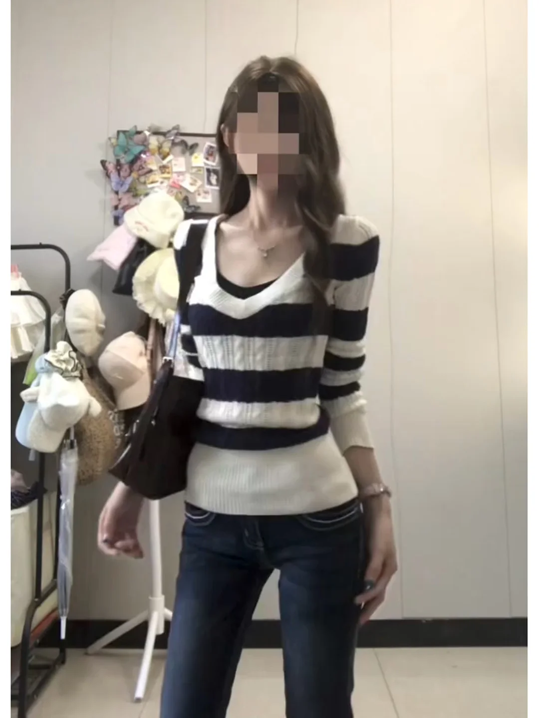 Retro Korean Style V-Neck Stripe Knit Sweater Women's Spring Autumn New Lazy Waist-Cinching Slimming Sexy Girl Twist