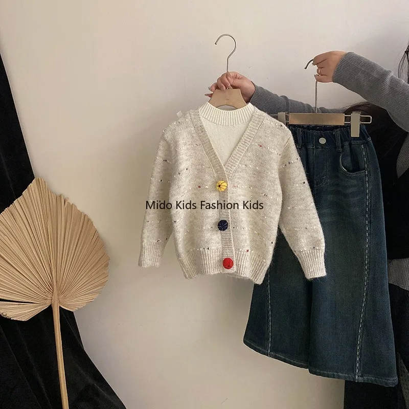 Girls' Korean Style Autumn/Winter Knitwear Two-Piece Top Set Fleece-Lined Casual Loose-Fit Denim Trousers Two-Piece Set Trendy