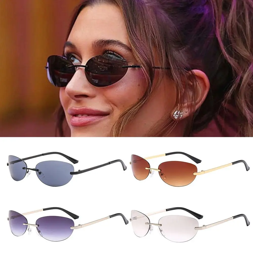 

Trendy Oval Rimless Sunglasses Y2K UV400 Transparent Eyewear Wrap Around 2000's Sun Glasses for Women & Men