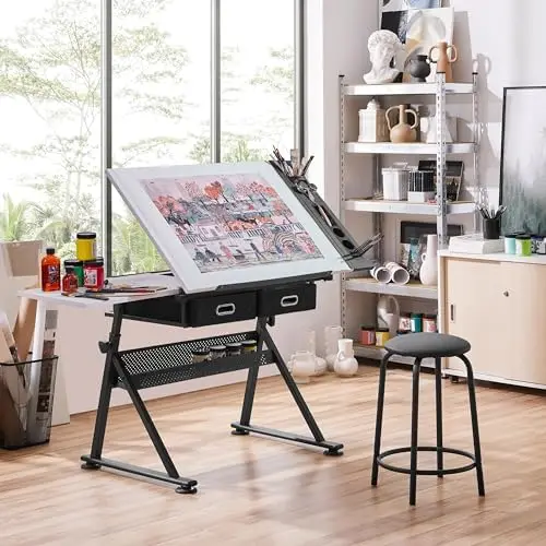 Drafting Table for Artists, Height Adjustable Drawing Desk Art/Craft Desk Diamond Paintings Work Station w/ 2 Storage