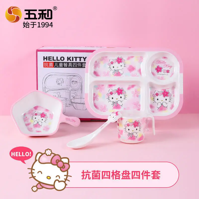 

Kawaii Hello Kitty, набор из 4 предметов, детская посуда, подарочная коробка, аниме, обеденная тарелка в форме цветка, милая фруктовая чаша Sanrio, кухонные принадлежности