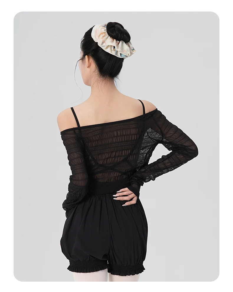 Tops de Danza para Mujer, Top de Malla Fruncido con Hombros Descubiertos y Manga Apilada, Pantalones de Ballet de Pierna