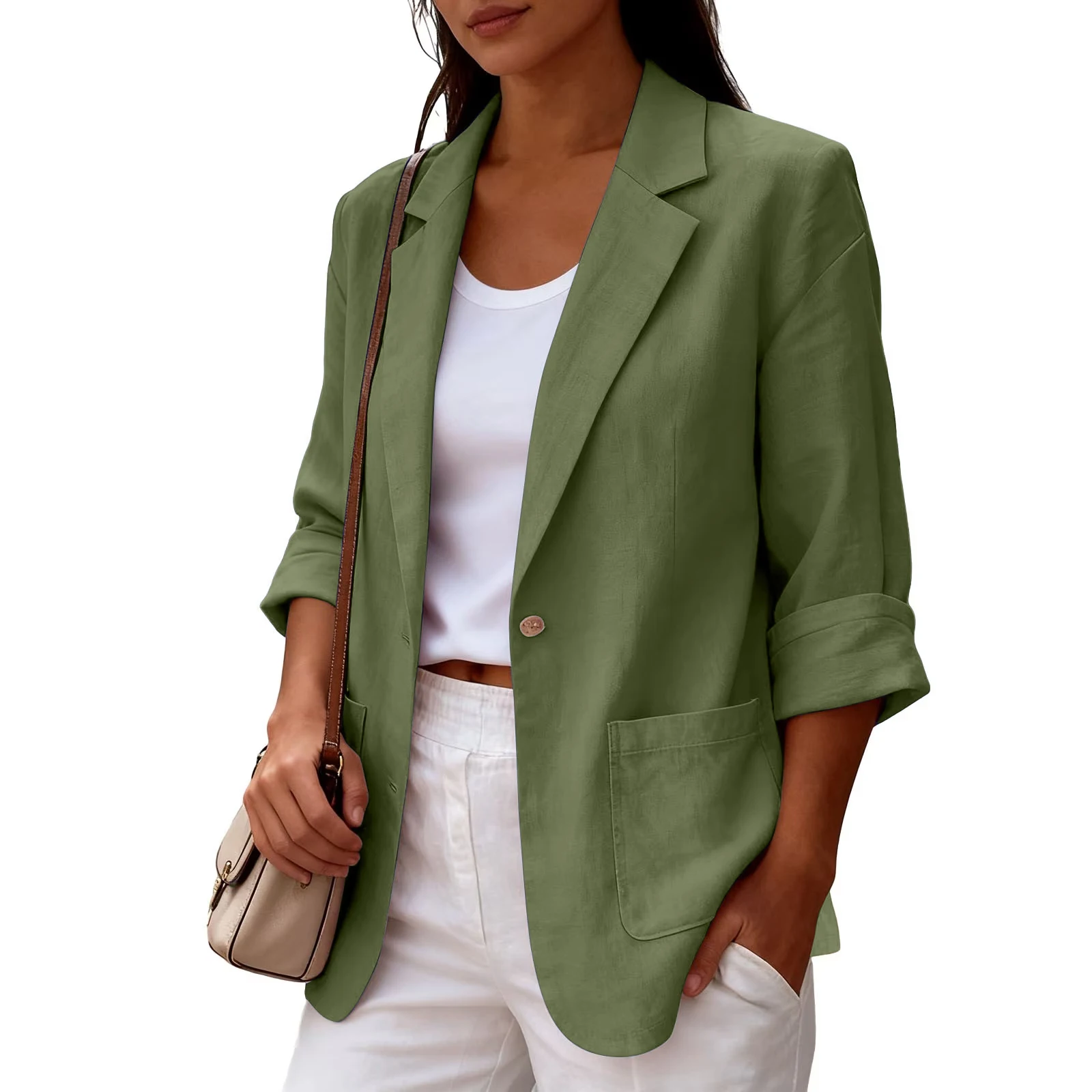 Notched Collar Cotton Linen Blazer Summer Autumn Thin Business Wear Suit Pocket Long Jacket For Women Office Lady Basic Coats