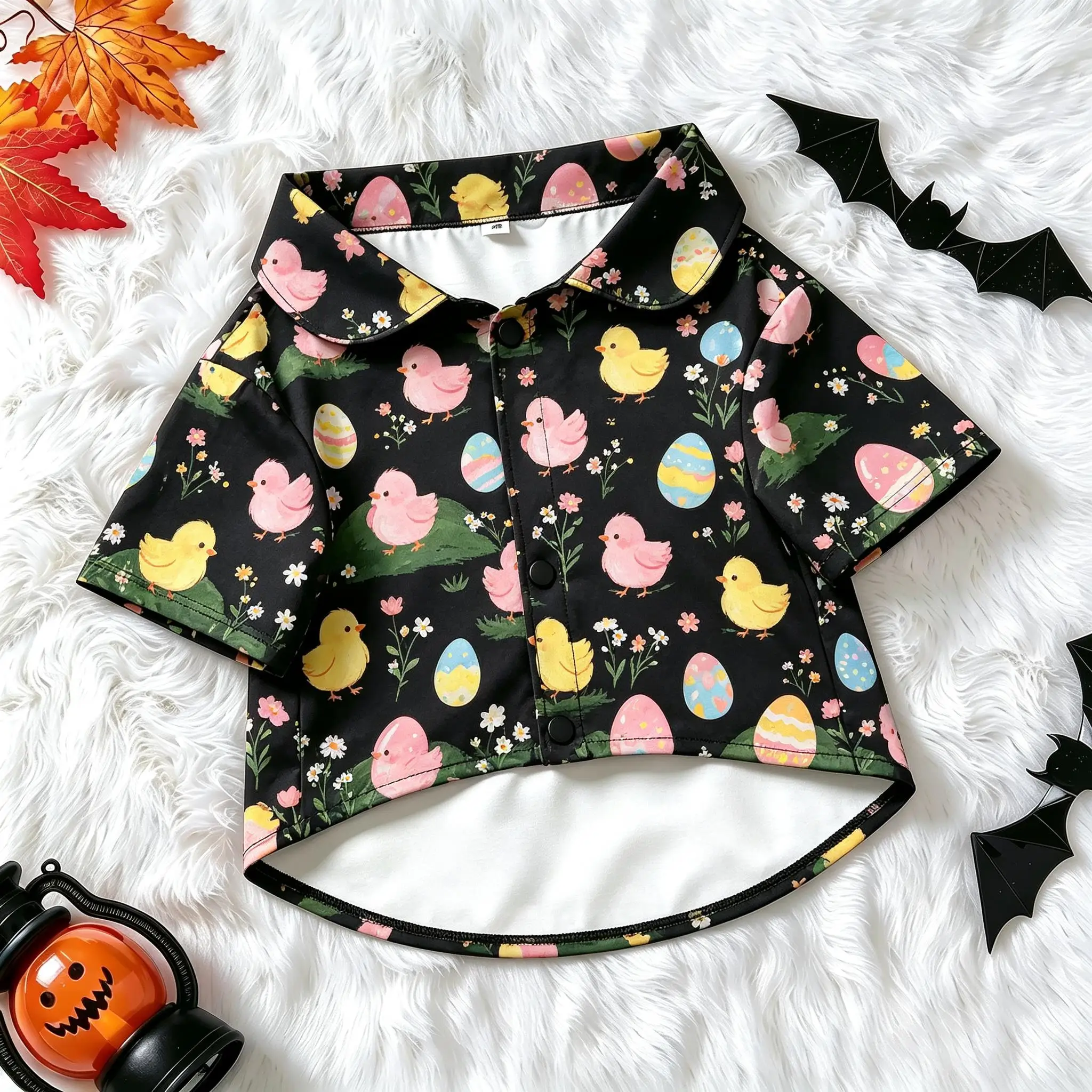 Pet Dog Shirt Black Pink Yellow Chick Egg Print Comfortable Button Up for Small Medium Dogs Cute Farm Theme Daily Wear