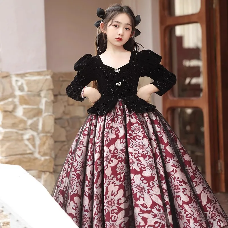 

Girls' Dress2025Summer New Long Sleeve Simple Cute Floral Children's Host Piano Performance Costume