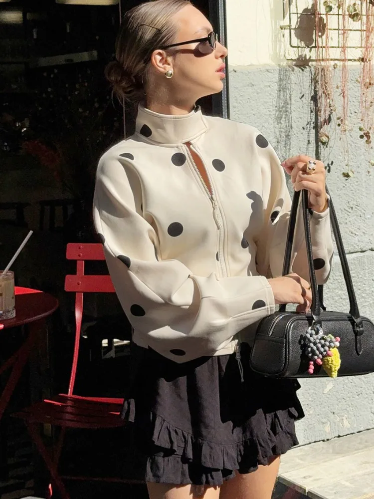

Onecozyday 2025 Fall Winter New Polka Dot Jacket High Neck Zippered Puff Sleeves Coat Women's Casual Commuter Outerwears