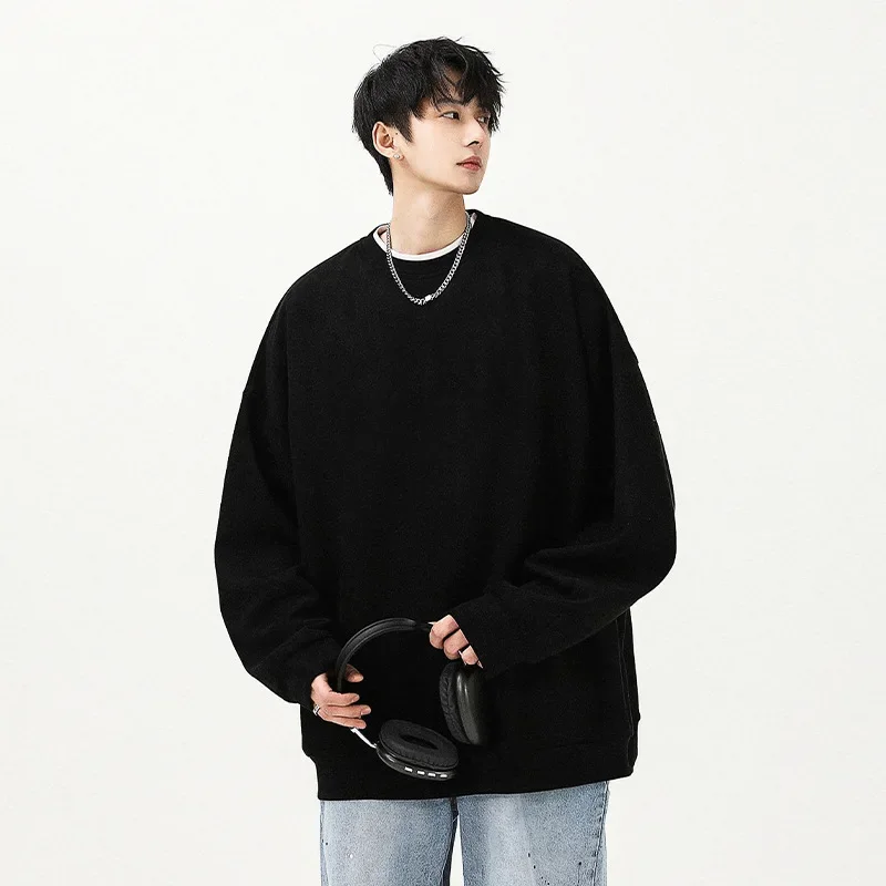 

Suede sweater men's spring and autumn heavy casual loose-hitched clothes inside the collar long-sleeved solid color undershirt