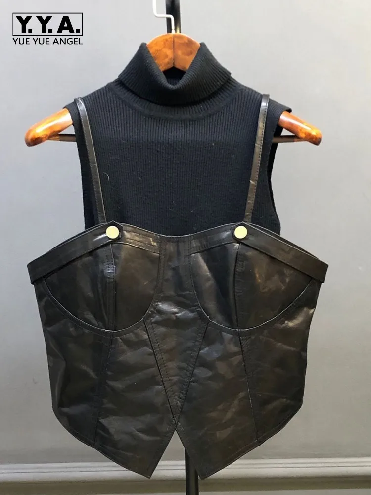 Sexy Female Genuine Leather Short Vests Solid Color Versatile Strap Cowhide Waistcoat High Quality Slim Zipper Sleeveless Vest