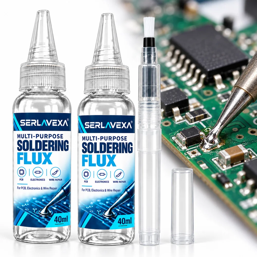 SERLAVEXA Multi-Purpose Soldering Flux 2x40ml with Precision Brush Applicator for PCB Circuit Board Electronics and Wire Repair
