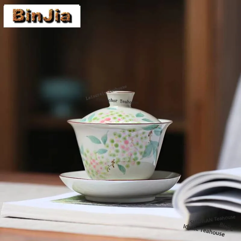 160ml Hand-painted Embroidered Ball Gaiwan Retro Plant Ash Cup Saucer Tea Tureen Tea Maker Cover Bowl Teaset Drinkware Ornaments