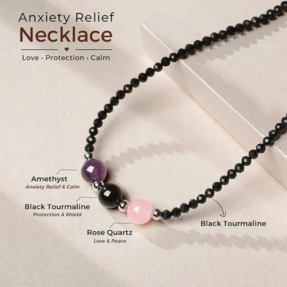Natural Gemstone Crystal Necklace Anxiety Relief Healthy Pregnancy Beaded Choker New Beginnings Triple Protection