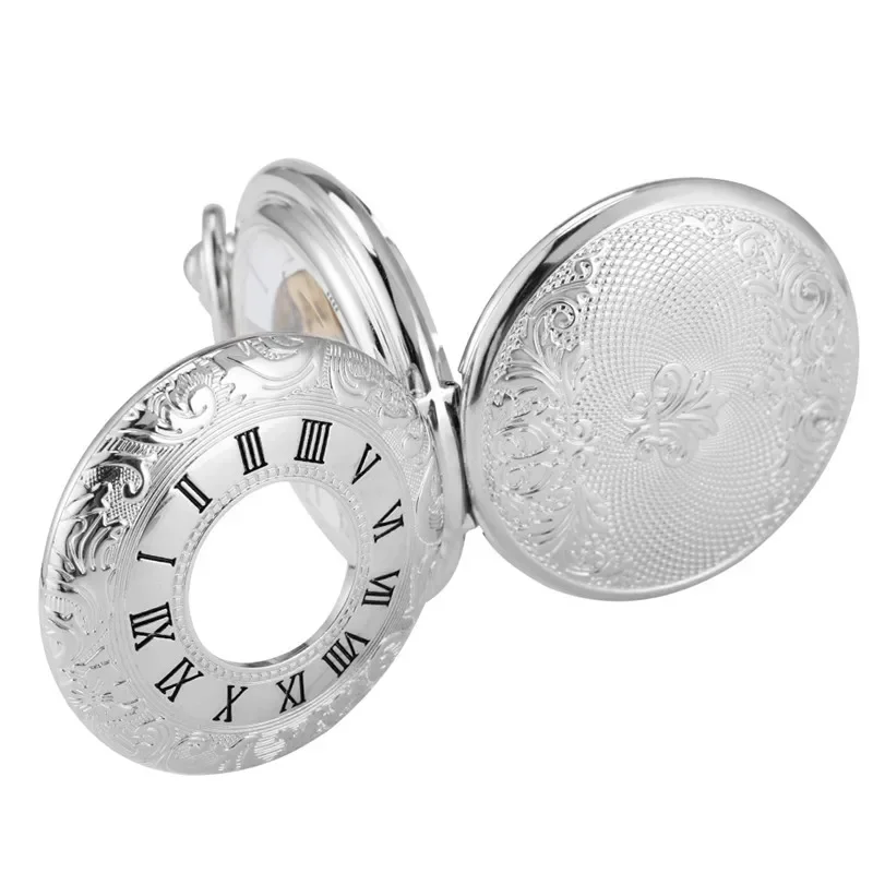 Luxury Silver Alloy Pocket Watches Hollow Double Hunter Vintage Roman Numberal Mechanical Hand Wind Pendant Chian Unisex Gifts