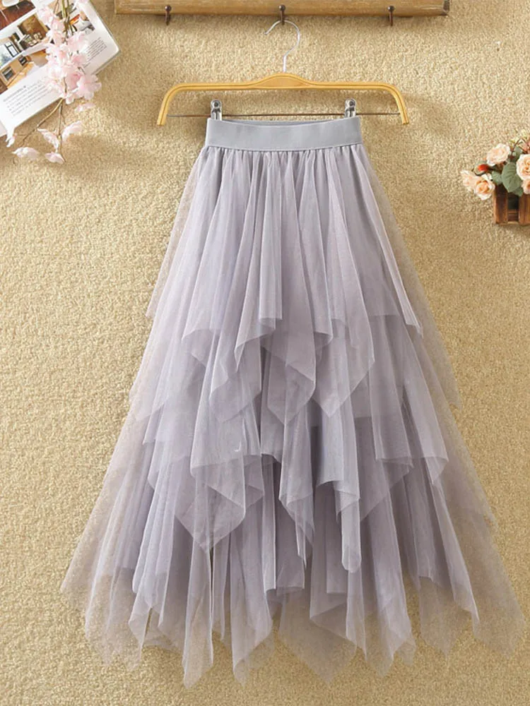 Women irregular Tulle Skirts Fashion Elastic High Waist Mesh Tutu Skirt Pleated Long Skirts Midi Skirt Saias Faldas Jupe Femmle