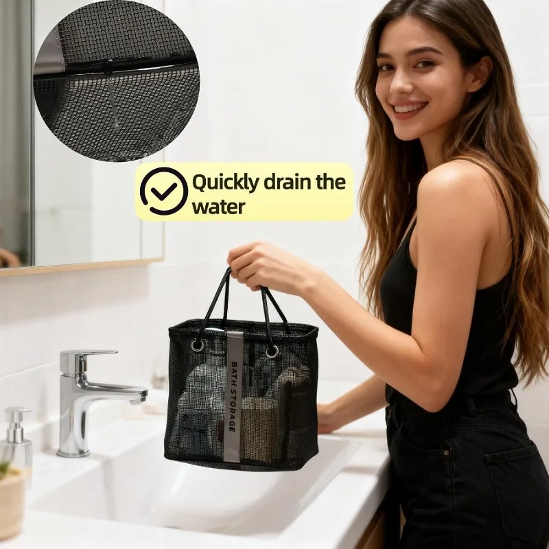 Große Netz-Duschablage mit breiter Öffnung, tragbare, schnell trocknende, abtropfbare Badewannen-Aufbewahrungstasche, Strandtasche, Reise-Toilettenartikel-Organizer – Detail 6