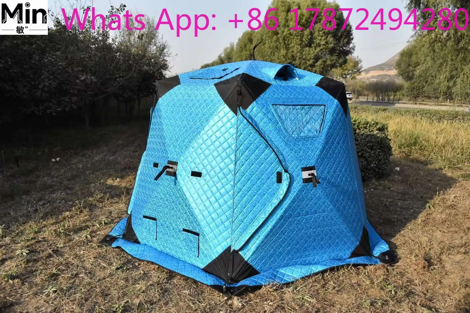 3-4 Person Instant Winter Fishing Shelter Ice Tent Blue Silver with Mat