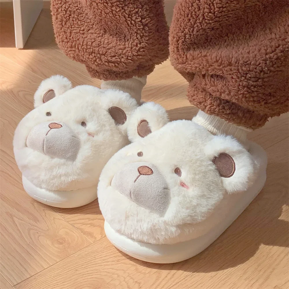 Winter Home Indoor Warm Women\'s Cotton Slippers New Cute Plush Little Bear Slippers Comfortable Soft Sole Simple Plush Slippers