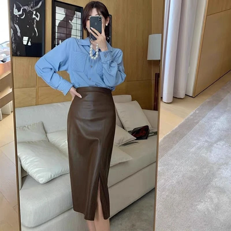 

eepskin Leather Skirt Women's Mid-Length A-Line Skirt High Waist Pure Color Slimming Personali Split Design Autumn Winter...
