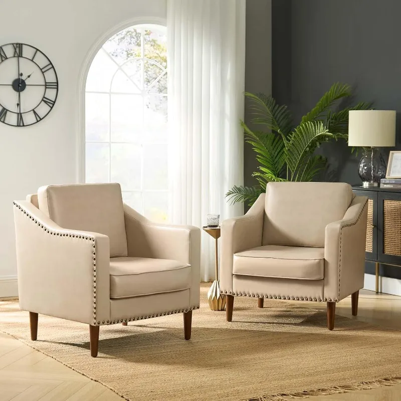 

Faux Leather Accent Armchairs Set of 2 with Back & Seat Cushions, Traditional Club Chairs with Nailhead Trim, Comfy