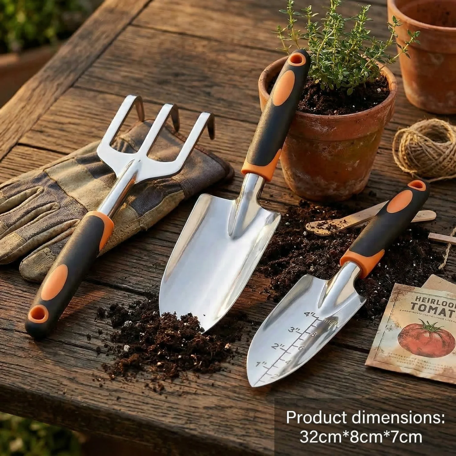 

Ergonomic Garden Tool Set - 3 Piece Heavy Duty Kit with Trowel, Fork&Measuring Transplanter, Rust-Proof Aluminum ,Easy Gardening