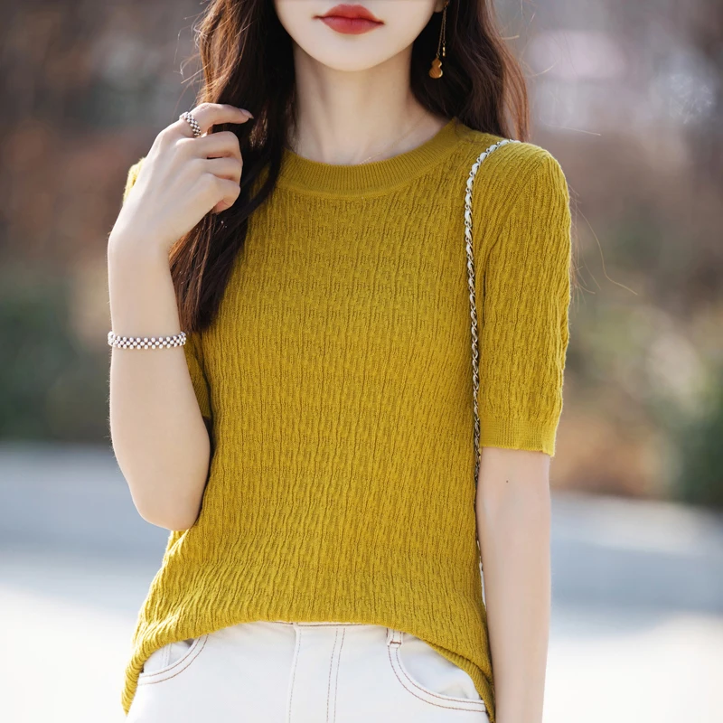 

Summer New 100%Cotton Knitted Short Sleeve T-Shirt Ladies O-Neck Jacquard Thin Vest Loose Soft Pullover Joker Half Sleeve Blouse