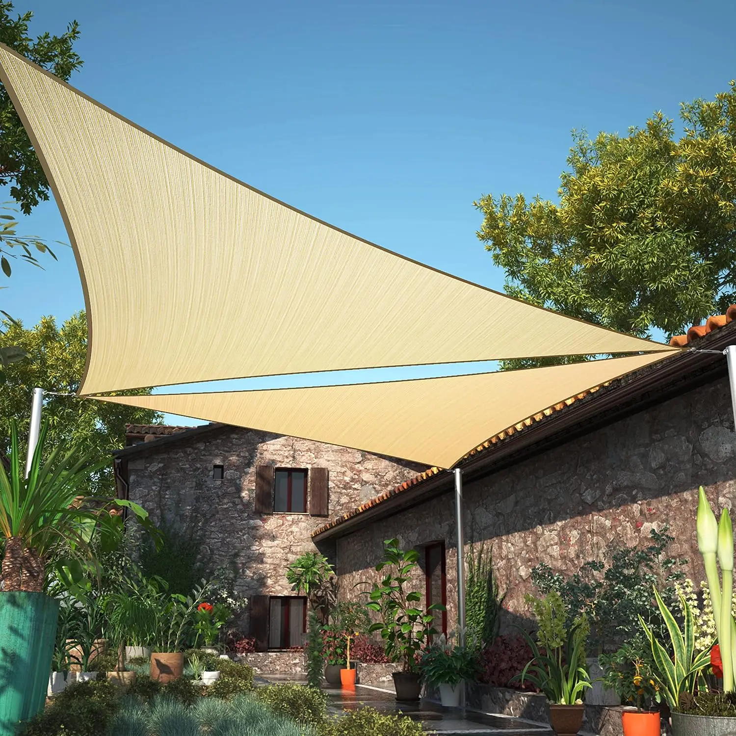 

16' x 16' x 22.6' Beige Right Triangle Sun Shade Sail UPF50 Canopy smTAPRT16 Fabric Cloth Screen, Water Air Permeable & UV Bl