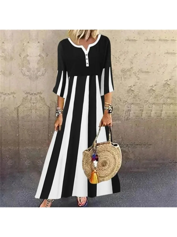 Summer Women\'s Heart-shaped Collar and Loose Button Loose Casual Long Dress  Mid Sleeve Striped Printed Long Dress