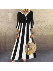 Summer Women's Heart-shaped Collar and Loose Button Loose Casual Long Dress  Mid Sleeve Striped Printed Long Dress