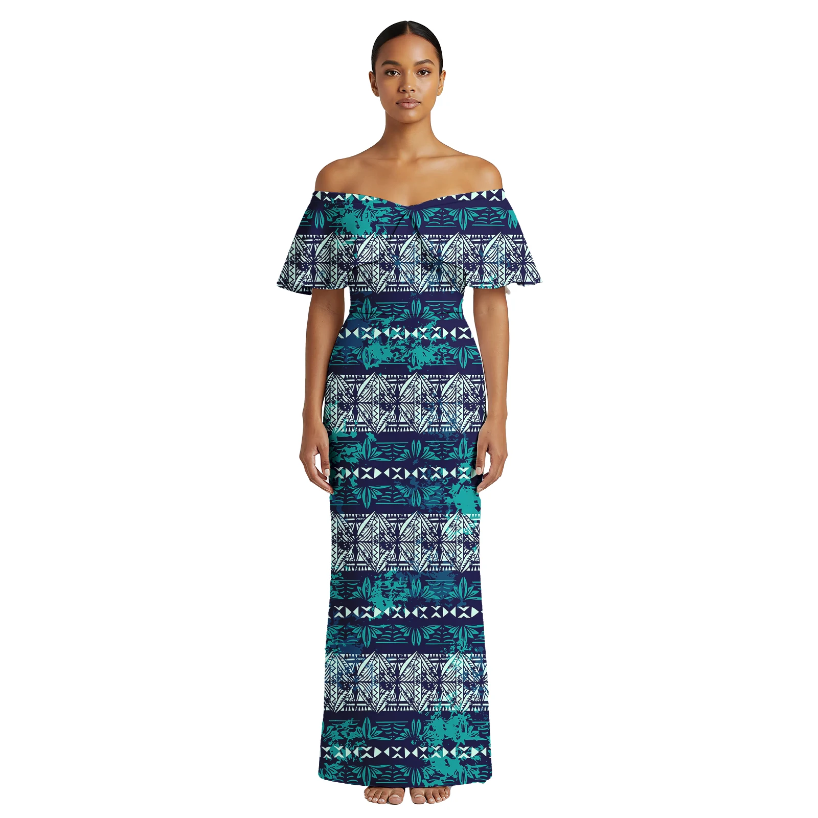 

Custom Pattern Aloha Lady Wear Polynesian Ladies Skirts Samoan Elegant Clothes Tapa Tribal Ruffled Cape Design Women Long Dress