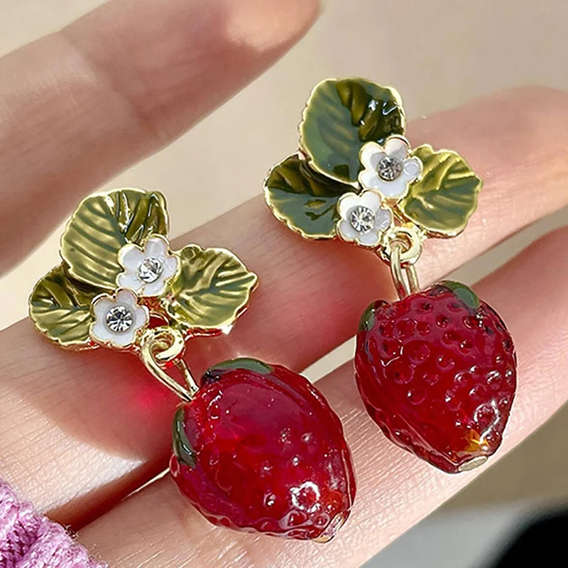 Girls Cute Strawberry Drop Earrings Green Leaves White Flower Red Berry Crystal Stone Earrings For Spring Summer Jewelry Gift