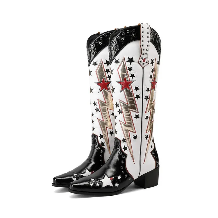 Women Star Lightning Pattern Western Cowboy Boots Pointed Toe Block Heel Color Patchwork Rivet Decor Knee High Tall Boots