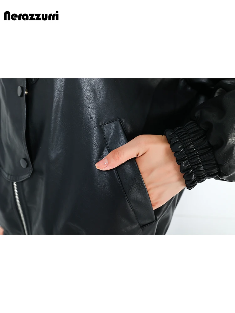 Nerazzurri Spring Autumn Cool Waterproof Brown Black Soft Pu Leather Jacket Women Zip Up Loose Casual High Quality Clothes 2023