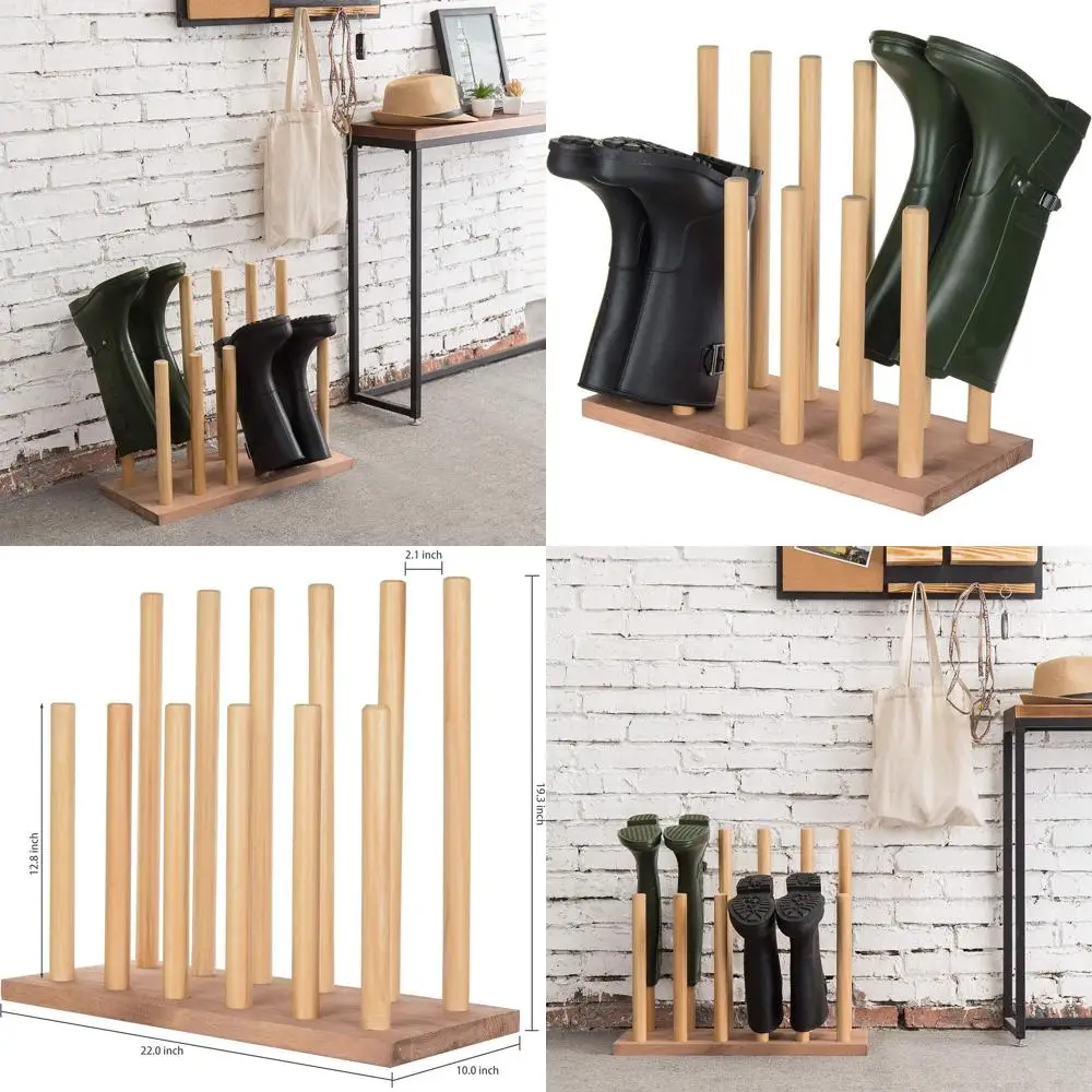 

6-Pair Tall Boot Holder - Natural Brown Wood Entryway Storage Organizer