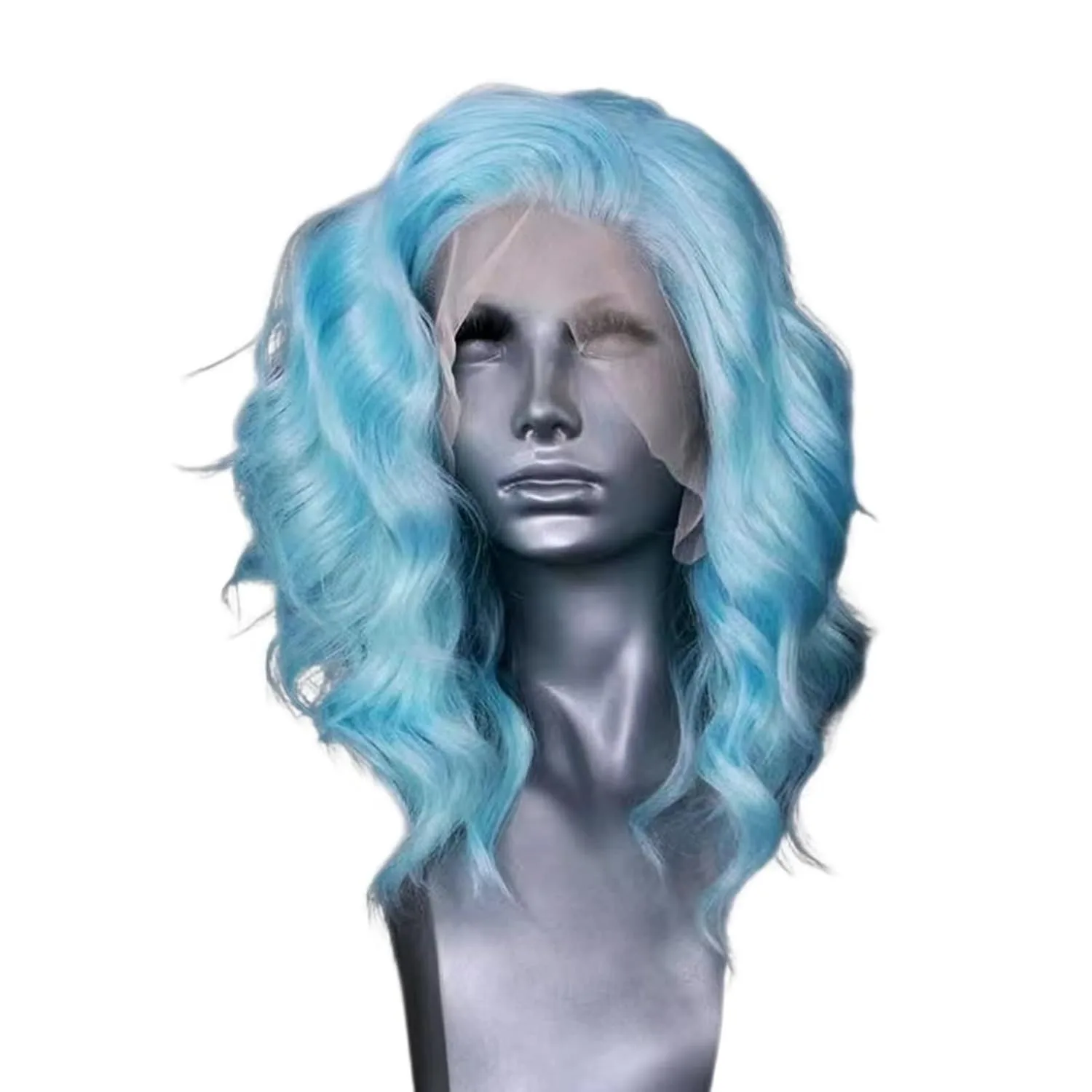 Light Blue Colored Short Natural Wave Lace Front Wig for Women Synthetic And Blend Lace Wigs Cosplay Makeup Wear Blue Hair
