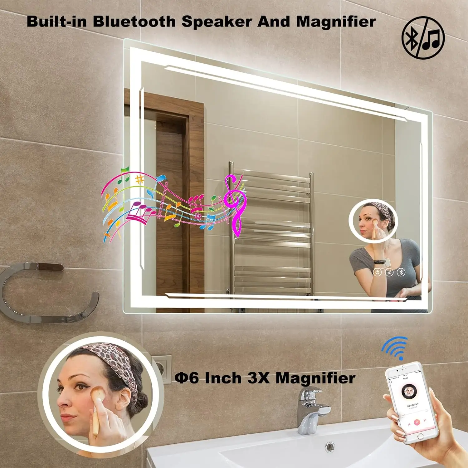 Miroir de courtoisie intelligent avec haut-parleur Bluetooth intégré, loupe 3X, miroir mural de maquillage 4.2, 48 en effet x 30 LED